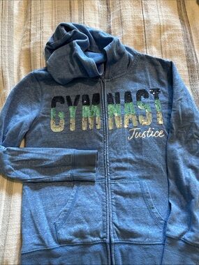 Justice Blue Hooded Zip-Up with 'GYMNAST' Sequin Graphic